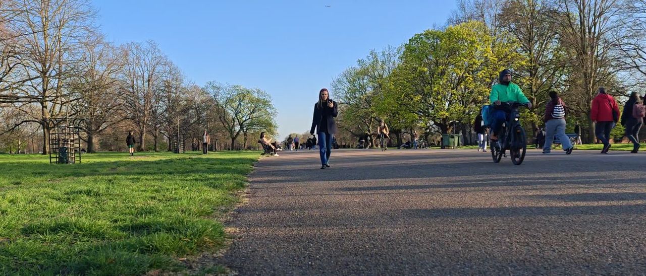 A wide path through Hyde Park with people walking and cycling, trees and lawns either side